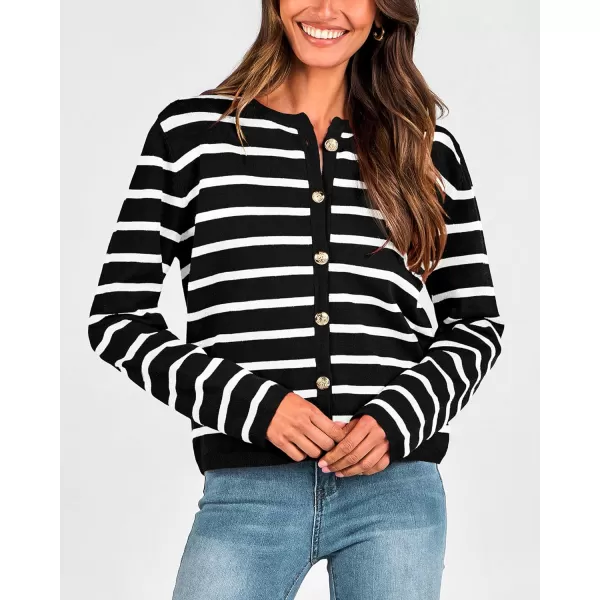 imageBTFBM Womens Cardigans Sweater 2023 Fall Striped Long Sleeve Button Down Cropped Open Front Knit Outerwear Deco PocketsStriped Black White