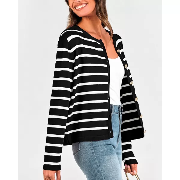 imageBTFBM Womens Cardigans Sweater 2023 Fall Striped Long Sleeve Button Down Cropped Open Front Knit Outerwear Deco PocketsStriped Black White