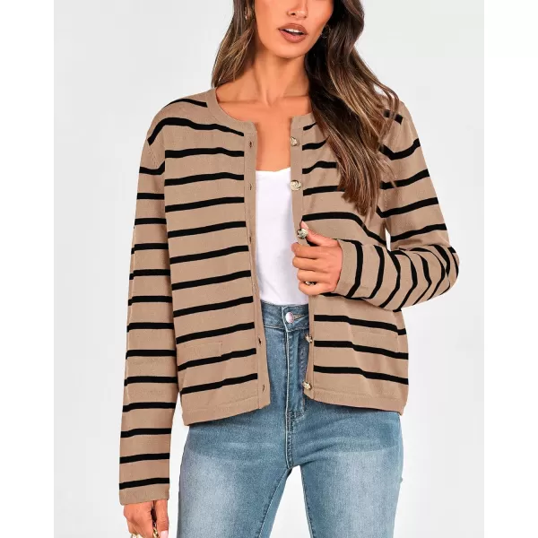 imageBTFBM Womens Cardigans Sweater 2023 Fall Striped Long Sleeve Button Down Cropped Open Front Knit Outerwear Deco PocketsStriped Camel Black