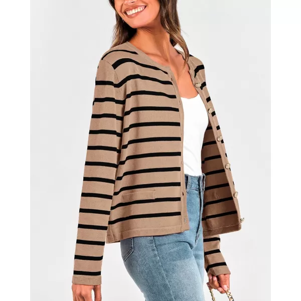 imageBTFBM Womens Cardigans Sweater 2023 Fall Striped Long Sleeve Button Down Cropped Open Front Knit Outerwear Deco PocketsStriped Camel Black