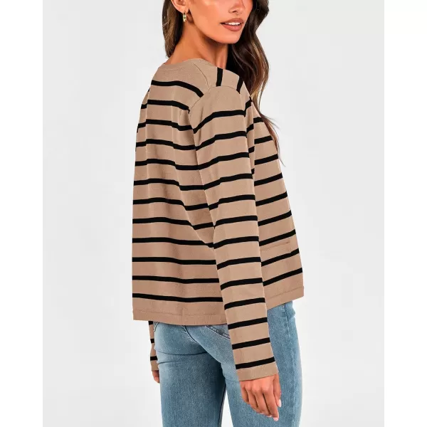 imageBTFBM Womens Cardigans Sweater 2023 Fall Striped Long Sleeve Button Down Cropped Open Front Knit Outerwear Deco PocketsStriped Camel Black