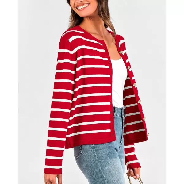 imageBTFBM Womens Cardigans Sweater 2023 Fall Striped Long Sleeve Button Down Cropped Open Front Knit Outerwear Deco PocketsStriped Red White