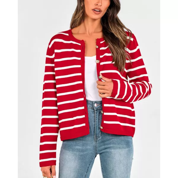 imageBTFBM Womens Cardigans Sweater 2023 Fall Striped Long Sleeve Button Down Cropped Open Front Knit Outerwear Deco PocketsStriped Red White