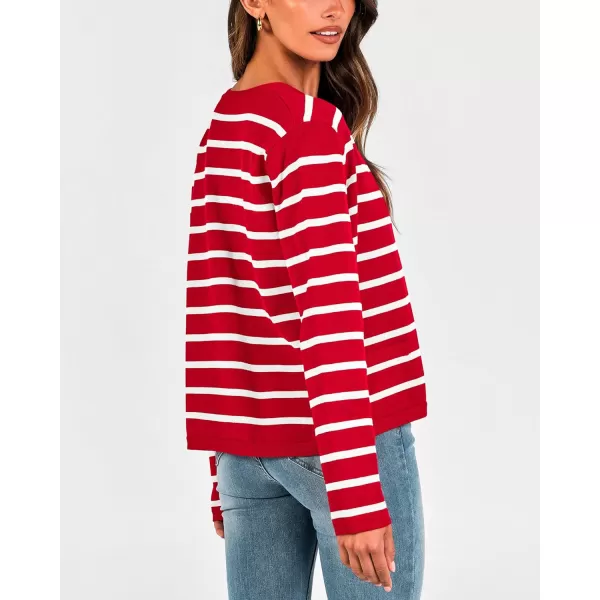 imageBTFBM Womens Cardigans Sweater 2023 Fall Striped Long Sleeve Button Down Cropped Open Front Knit Outerwear Deco PocketsStriped Red White