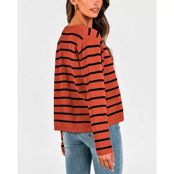 imageBTFBM Womens Cardigans Sweater 2023 Fall Striped Long Sleeve Button Down Cropped Open Front Knit Outerwear Deco PocketsStriped Rust Red Black