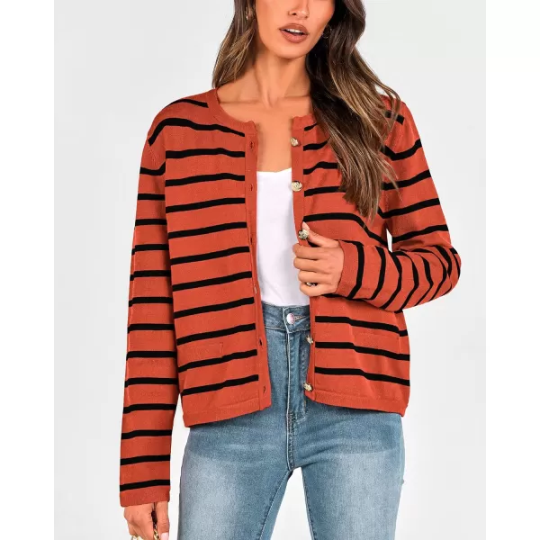 imageBTFBM Womens Cardigans Sweater 2023 Fall Striped Long Sleeve Button Down Cropped Open Front Knit Outerwear Deco PocketsStriped Rust Red Black