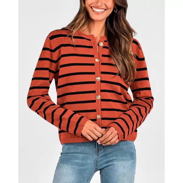 imageBTFBM Womens Cardigans Sweater 2023 Fall Striped Long Sleeve Button Down Cropped Open Front Knit Outerwear Deco PocketsStriped Rust Red Black