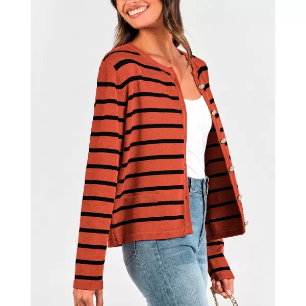 imageBTFBM Womens Cardigans Sweater 2023 Fall Striped Long Sleeve Button Down Cropped Open Front Knit Outerwear Deco PocketsStriped Rust Red Black