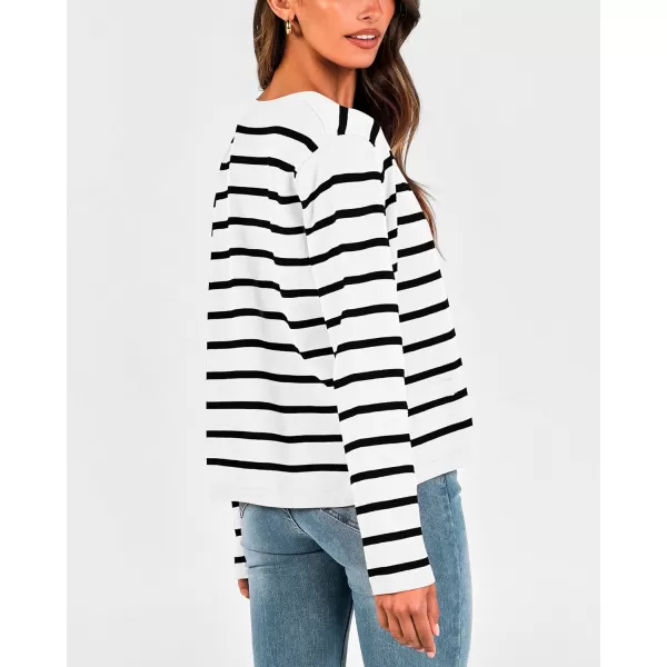 imageBTFBM Womens Cardigans Sweater 2023 Fall Striped Long Sleeve Button Down Cropped Open Front Knit Outerwear Deco PocketsStriped White Black