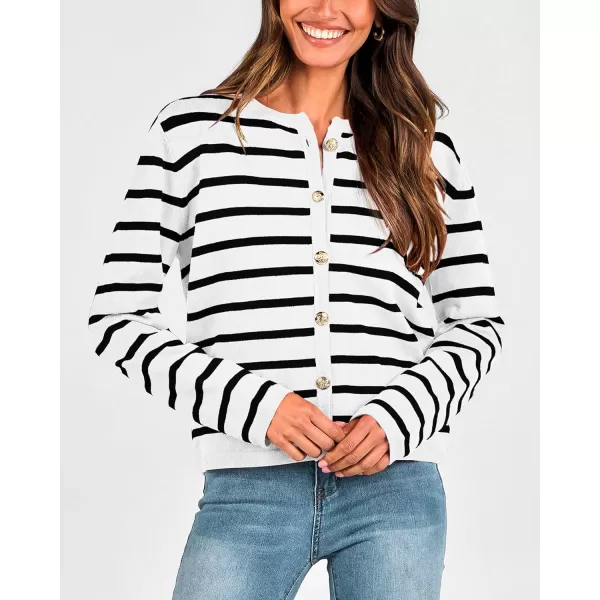 imageBTFBM Womens Cardigans Sweater 2023 Fall Striped Long Sleeve Button Down Cropped Open Front Knit Outerwear Deco PocketsStriped White Black