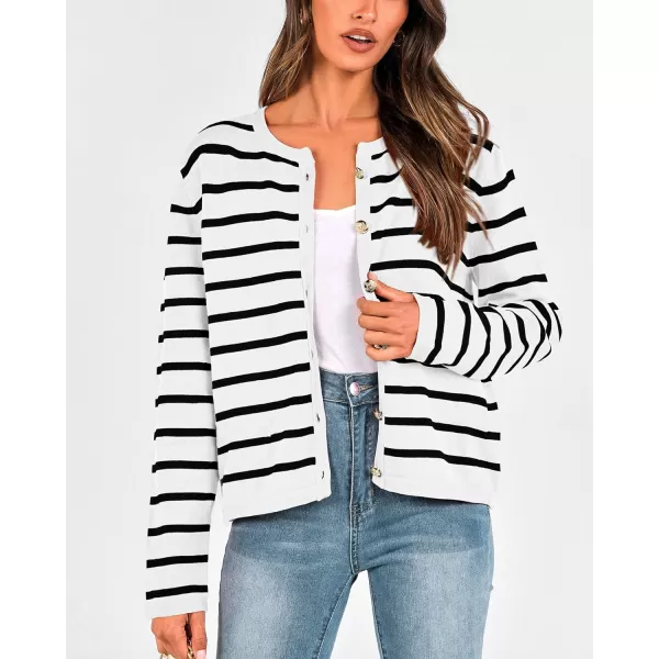 imageBTFBM Womens Cardigans Sweater 2023 Fall Striped Long Sleeve Button Down Cropped Open Front Knit Outerwear Deco PocketsStriped White Black