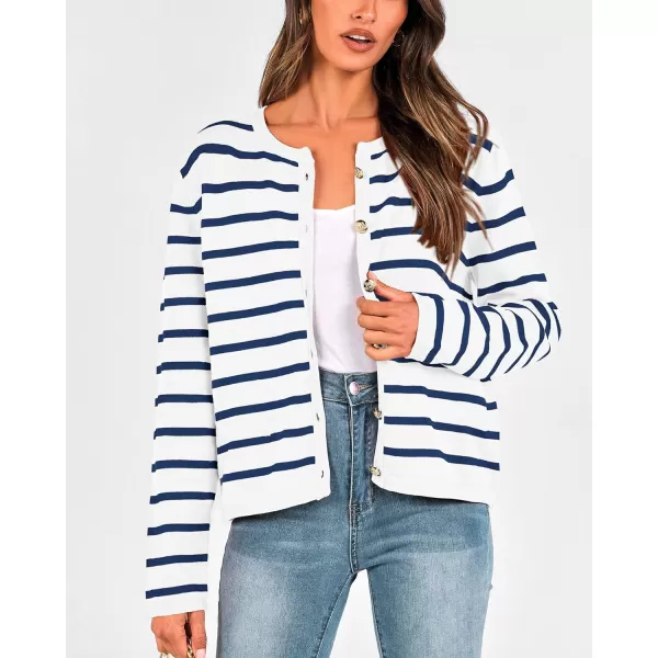imageBTFBM Womens Cardigans Sweater 2023 Fall Striped Long Sleeve Button Down Cropped Open Front Knit Outerwear Deco PocketsStriped White Blue