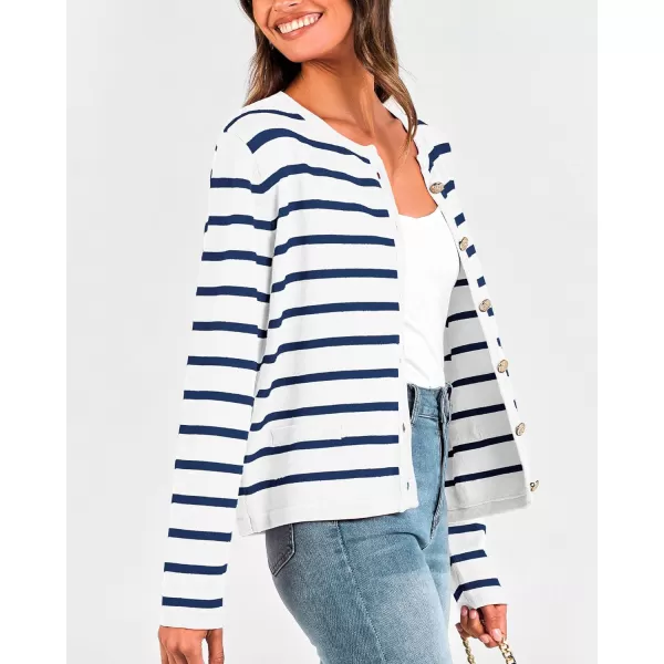 imageBTFBM Womens Cardigans Sweater 2023 Fall Striped Long Sleeve Button Down Cropped Open Front Knit Outerwear Deco PocketsStriped White Blue