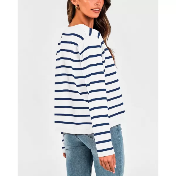 imageBTFBM Womens Cardigans Sweater 2023 Fall Striped Long Sleeve Button Down Cropped Open Front Knit Outerwear Deco PocketsStriped White Blue
