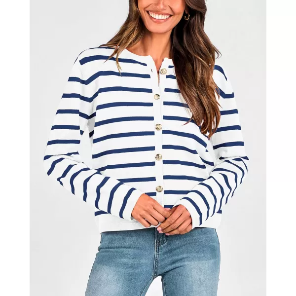 imageBTFBM Womens Cardigans Sweater 2023 Fall Striped Long Sleeve Button Down Cropped Open Front Knit Outerwear Deco PocketsStriped White Blue