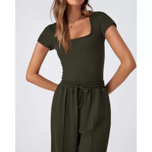 imageBTFBM Womens Casual 2 Pieces Outfits Square Neck Short Sleeve Ribbed Bodysuit Jumpsuit Drawstring Pants Sets TracksuitsSolid Army Green