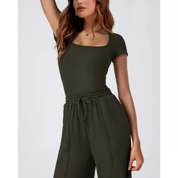 imageBTFBM Womens Casual 2 Pieces Outfits Square Neck Short Sleeve Ribbed Bodysuit Jumpsuit Drawstring Pants Sets TracksuitsSolid Army Green