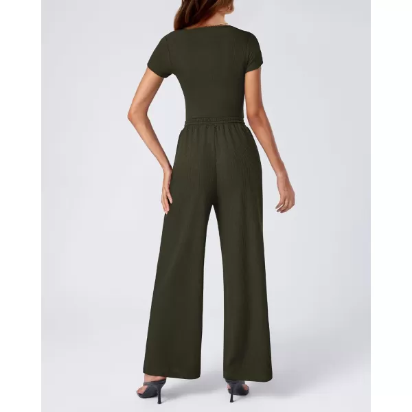 imageBTFBM Womens Casual 2 Pieces Outfits Square Neck Short Sleeve Ribbed Bodysuit Jumpsuit Drawstring Pants Sets TracksuitsSolid Army Green