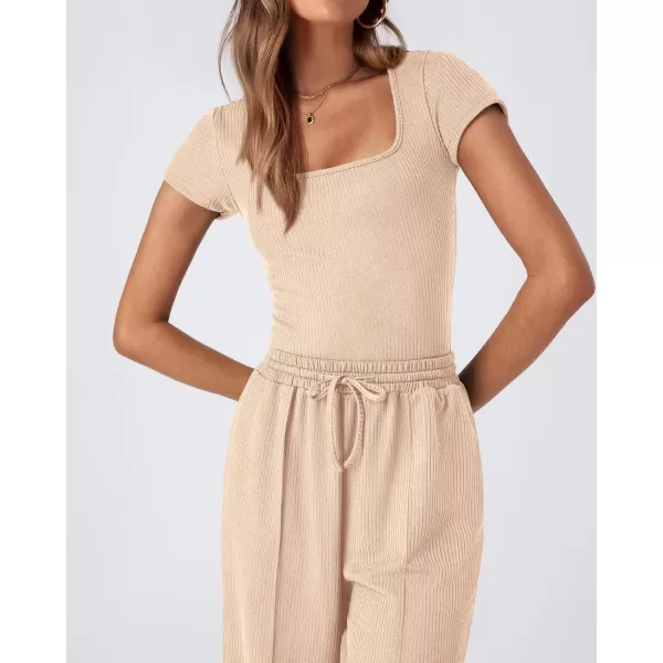 imageBTFBM Womens Casual 2 Pieces Outfits Square Neck Short Sleeve Ribbed Bodysuit Jumpsuit Drawstring Pants Sets TracksuitsSolid Beige