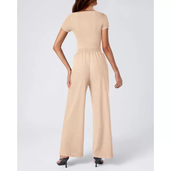 imageBTFBM Womens Casual 2 Pieces Outfits Square Neck Short Sleeve Ribbed Bodysuit Jumpsuit Drawstring Pants Sets TracksuitsSolid Beige