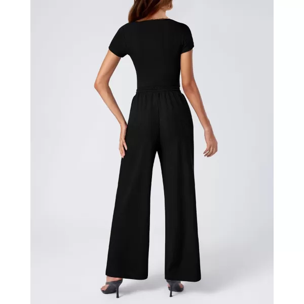 imageBTFBM Womens Casual 2 Pieces Outfits Square Neck Short Sleeve Ribbed Bodysuit Jumpsuit Drawstring Pants Sets TracksuitsSolid Black
