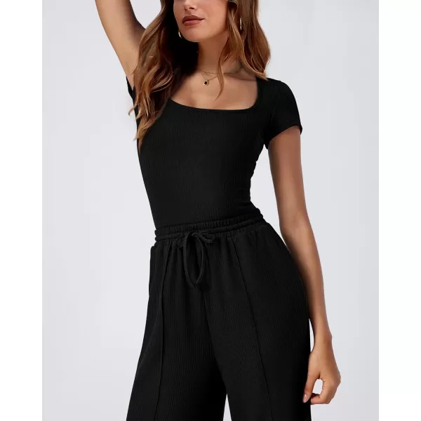 imageBTFBM Womens Casual 2 Pieces Outfits Square Neck Short Sleeve Ribbed Bodysuit Jumpsuit Drawstring Pants Sets TracksuitsSolid Black