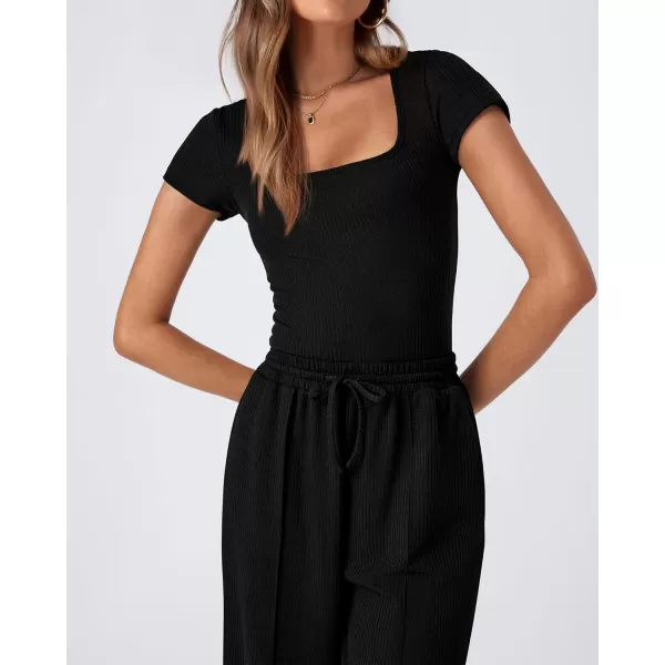 imageBTFBM Womens Casual 2 Pieces Outfits Square Neck Short Sleeve Ribbed Bodysuit Jumpsuit Drawstring Pants Sets TracksuitsSolid Black