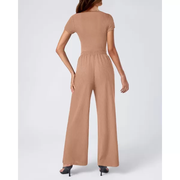 imageBTFBM Womens Casual 2 Pieces Outfits Square Neck Short Sleeve Ribbed Bodysuit Jumpsuit Drawstring Pants Sets TracksuitsSolid Khaki