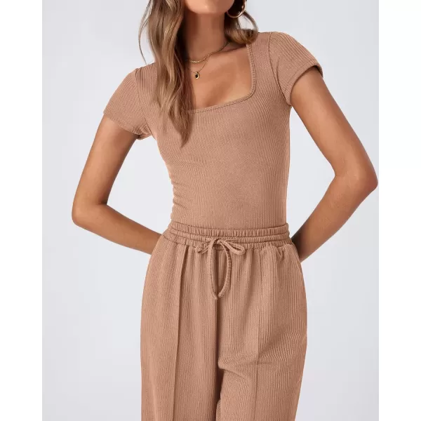 imageBTFBM Womens Casual 2 Pieces Outfits Square Neck Short Sleeve Ribbed Bodysuit Jumpsuit Drawstring Pants Sets TracksuitsSolid Khaki