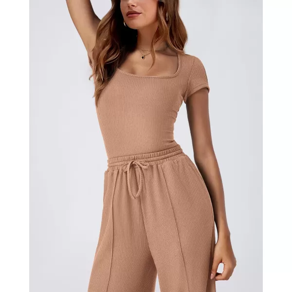 imageBTFBM Womens Casual 2 Pieces Outfits Square Neck Short Sleeve Ribbed Bodysuit Jumpsuit Drawstring Pants Sets TracksuitsSolid Khaki