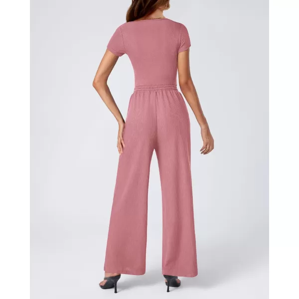 imageBTFBM Womens Casual 2 Pieces Outfits Square Neck Short Sleeve Ribbed Bodysuit Jumpsuit Drawstring Pants Sets TracksuitsSolid Pink