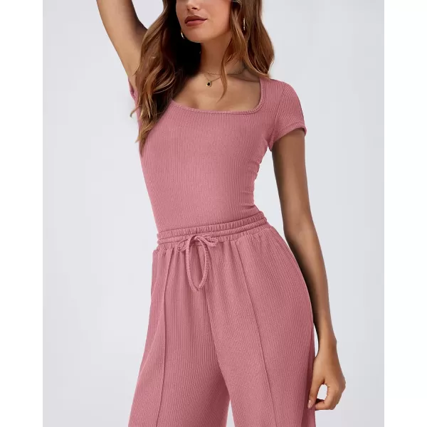 imageBTFBM Womens Casual 2 Pieces Outfits Square Neck Short Sleeve Ribbed Bodysuit Jumpsuit Drawstring Pants Sets TracksuitsSolid Pink