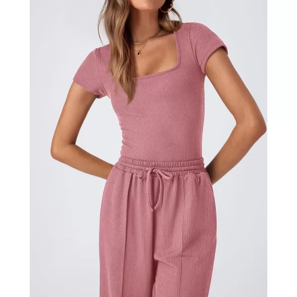 imageBTFBM Womens Casual 2 Pieces Outfits Square Neck Short Sleeve Ribbed Bodysuit Jumpsuit Drawstring Pants Sets TracksuitsSolid Pink