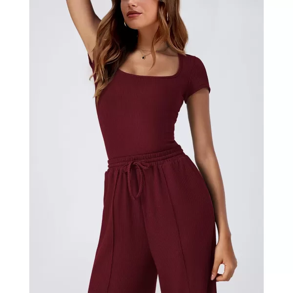 imageBTFBM Womens Casual 2 Pieces Outfits Square Neck Short Sleeve Ribbed Bodysuit Jumpsuit Drawstring Pants Sets TracksuitsSolid Rose Red