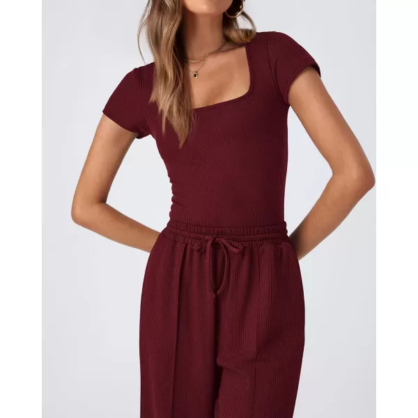 imageBTFBM Womens Casual 2 Pieces Outfits Square Neck Short Sleeve Ribbed Bodysuit Jumpsuit Drawstring Pants Sets TracksuitsSolid Rose Red