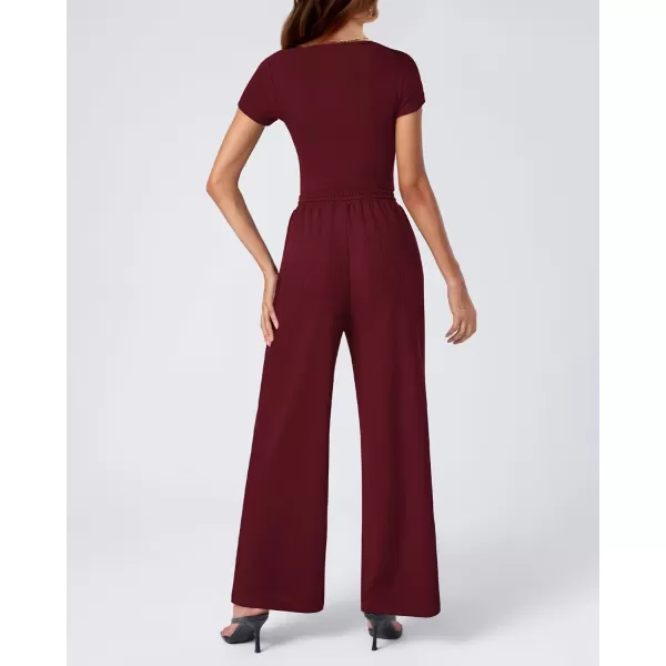 imageBTFBM Womens Casual 2 Pieces Outfits Square Neck Short Sleeve Ribbed Bodysuit Jumpsuit Drawstring Pants Sets TracksuitsSolid Rose Red