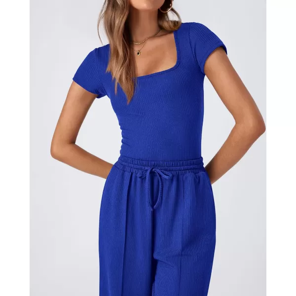imageBTFBM Womens Casual 2 Pieces Outfits Square Neck Short Sleeve Ribbed Bodysuit Jumpsuit Drawstring Pants Sets TracksuitsSolid Royal Blue