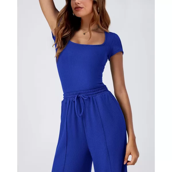 imageBTFBM Womens Casual 2 Pieces Outfits Square Neck Short Sleeve Ribbed Bodysuit Jumpsuit Drawstring Pants Sets TracksuitsSolid Royal Blue
