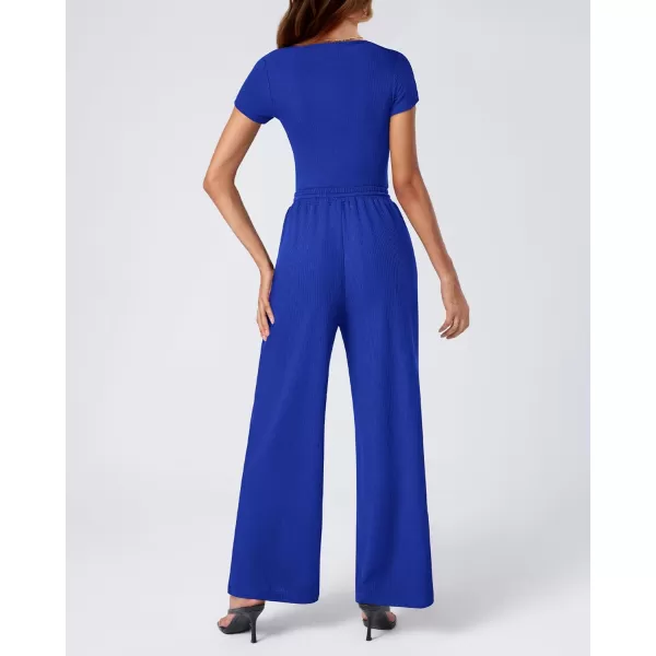 imageBTFBM Womens Casual 2 Pieces Outfits Square Neck Short Sleeve Ribbed Bodysuit Jumpsuit Drawstring Pants Sets TracksuitsSolid Royal Blue