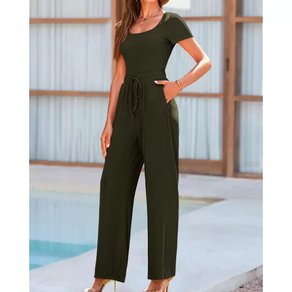 imageBTFBM Womens Casual 2 Pieces Outfits Square Neck Short Sleeve Shapewear Bodysuit Drawstring Pants Knit Matching SetsSolid Army Green