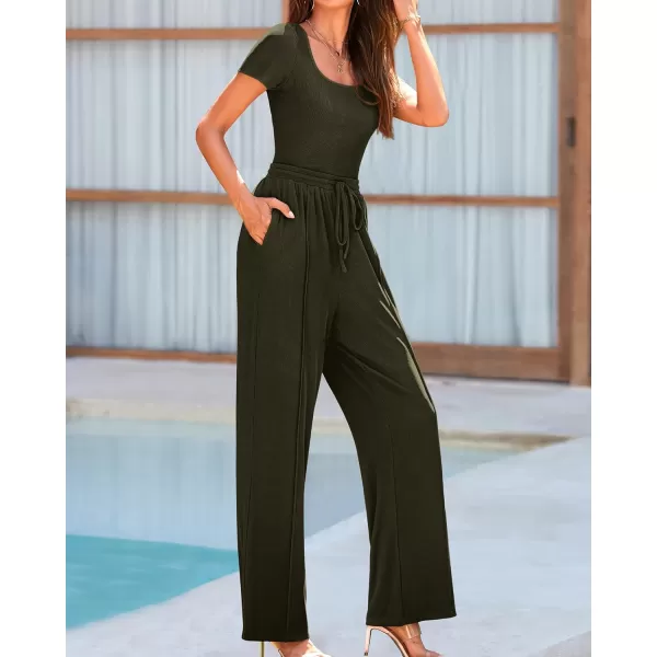 imageBTFBM Womens Casual 2 Pieces Outfits Square Neck Short Sleeve Shapewear Bodysuit Drawstring Pants Knit Matching SetsSolid Army Green