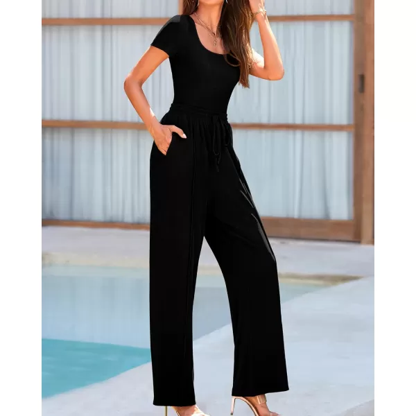 imageBTFBM Womens Casual 2 Pieces Outfits Square Neck Short Sleeve Shapewear Bodysuit Drawstring Pants Knit Matching SetsSolid Black
