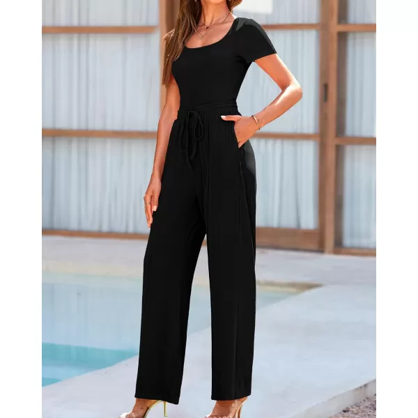 imageBTFBM Womens Casual 2 Pieces Outfits Square Neck Short Sleeve Shapewear Bodysuit Drawstring Pants Knit Matching SetsSolid Black