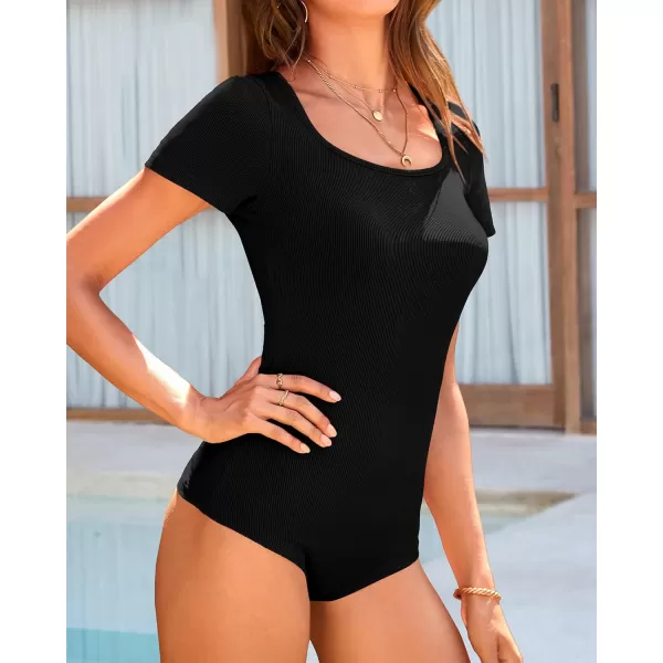 imageBTFBM Womens Casual 2 Pieces Outfits Square Neck Short Sleeve Shapewear Bodysuit Drawstring Pants Knit Matching SetsSolid Black