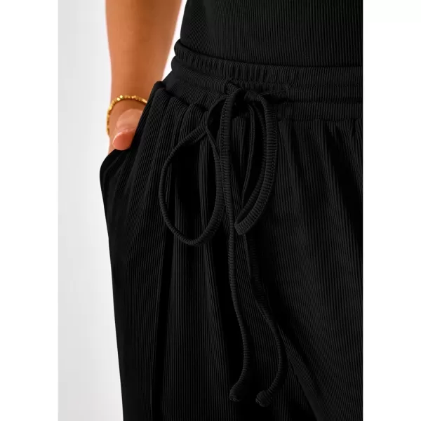 imageBTFBM Womens Casual 2 Pieces Outfits Square Neck Short Sleeve Shapewear Bodysuit Drawstring Pants Knit Matching SetsSolid Black