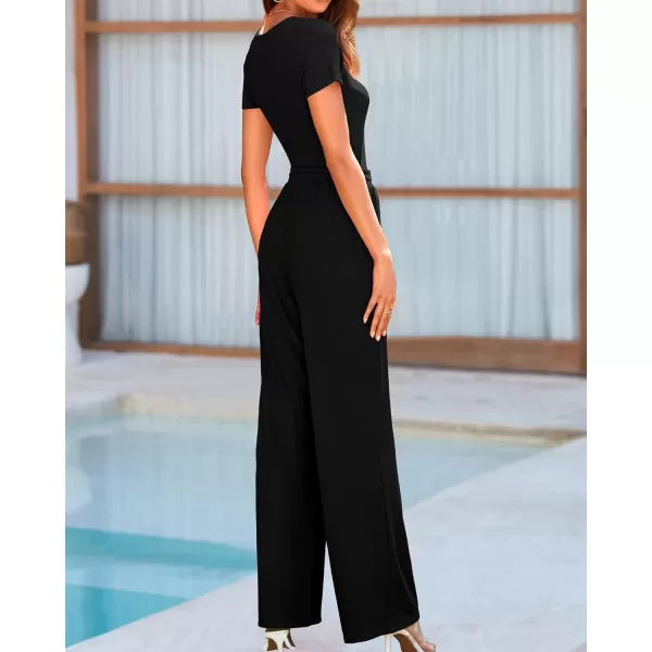 imageBTFBM Womens Casual 2 Pieces Outfits Square Neck Short Sleeve Shapewear Bodysuit Drawstring Pants Knit Matching SetsSolid Black