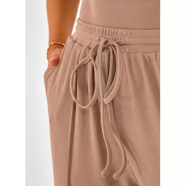 imageBTFBM Womens Casual 2 Pieces Outfits Square Neck Short Sleeve Shapewear Bodysuit Drawstring Pants Knit Matching SetsSolid Khaki