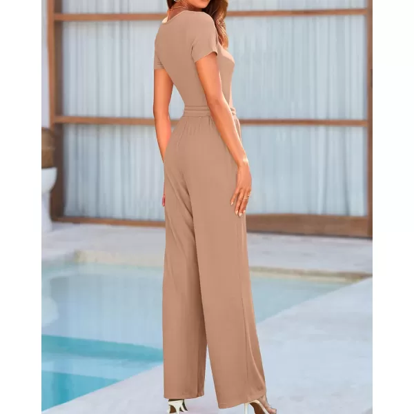 imageBTFBM Womens Casual 2 Pieces Outfits Square Neck Short Sleeve Shapewear Bodysuit Drawstring Pants Knit Matching SetsSolid Khaki