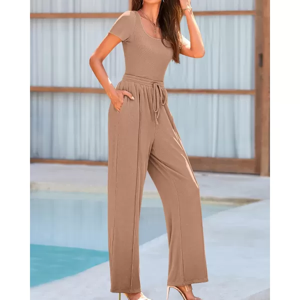 imageBTFBM Womens Casual 2 Pieces Outfits Square Neck Short Sleeve Shapewear Bodysuit Drawstring Pants Knit Matching SetsSolid Khaki