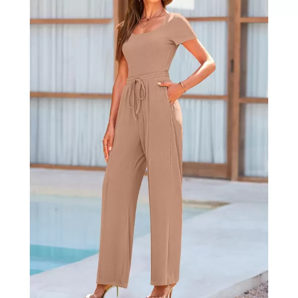 imageBTFBM Womens Casual 2 Pieces Outfits Square Neck Short Sleeve Shapewear Bodysuit Drawstring Pants Knit Matching SetsSolid Khaki
